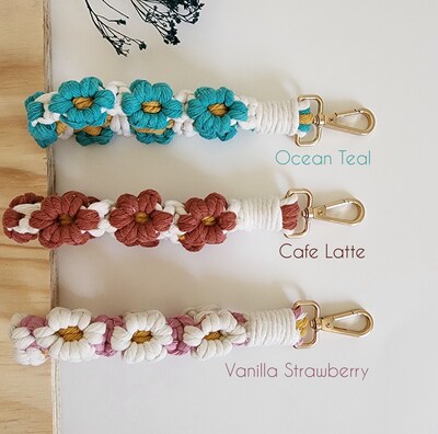 Macrame Daisy Flowers Wristlet,Keychain,Lanyard Charm, Handmade Purse, Wallet, Key Accessory, Aesthetic and Sustainable Boho Gifts for Women - image5
